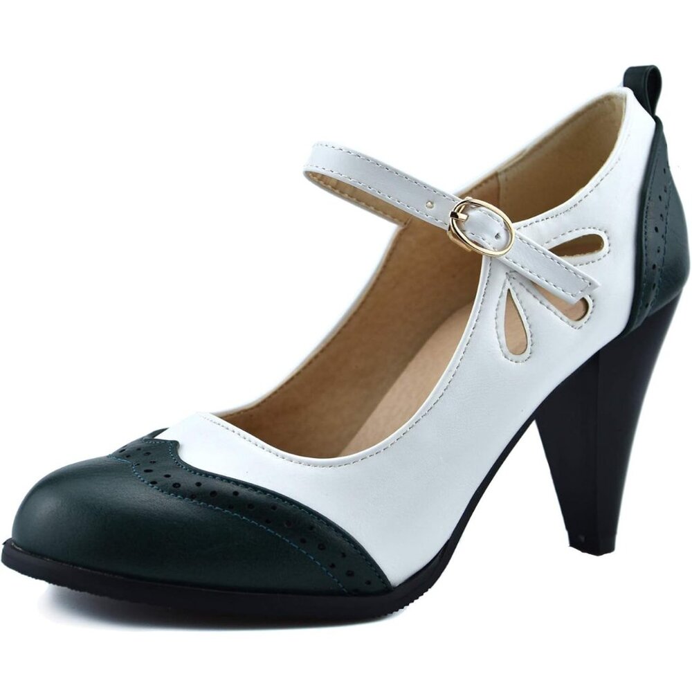 Mekerake Women’s Dark Green & White Mary Jane High Heel Pumps – Size 10.5